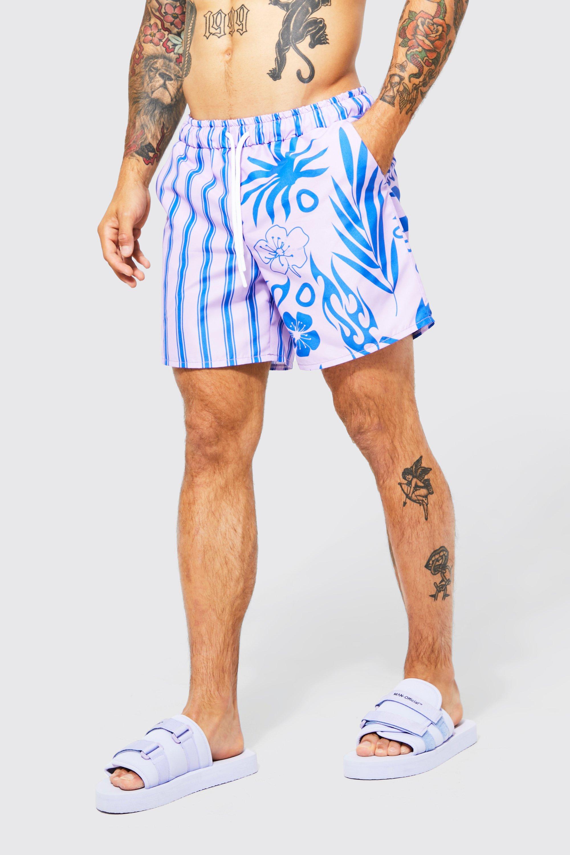 Mens Blue Mid Length Floral Splice Swim Shorts, Blue